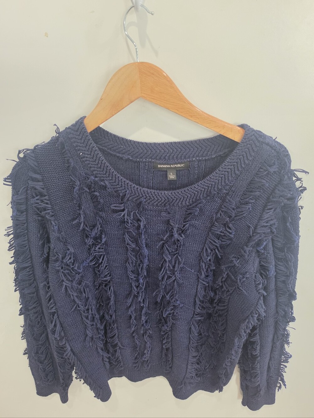 Banana Republic Navy Fringe Crew Sweater Size L NWOT